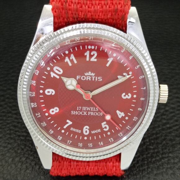 Vintage 1982 Fortis Manual Mens Silver Watch W/Nato Strap & Red accents - Picture 4 of 9